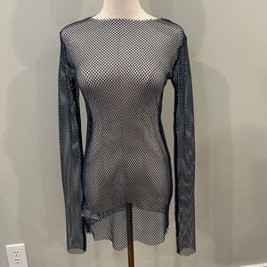 Lull Japanese Dress Goth Core Grunge Mesh Fishnet Long Sleeve Top Blue Gray
